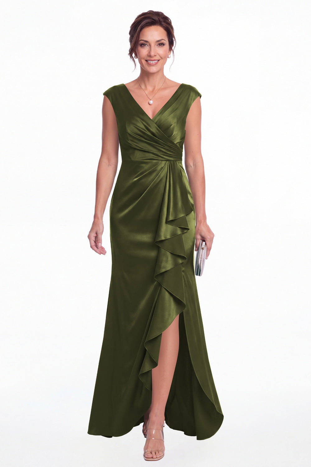 Olive Green V Neck Ruched Satin Ruffle Slit Maxi Gown - Front View