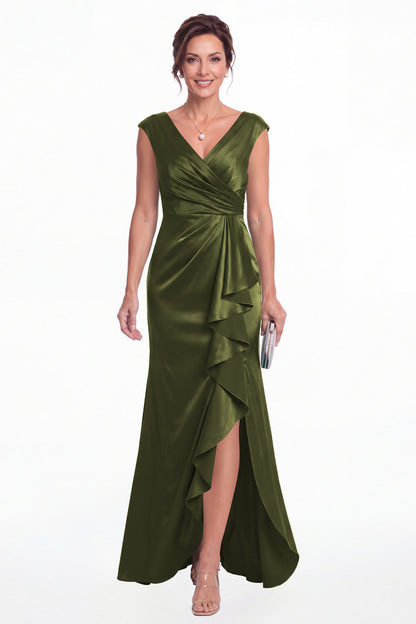 Olive Green V Neck Ruched Satin Ruffle Slit Maxi Gown - Front View