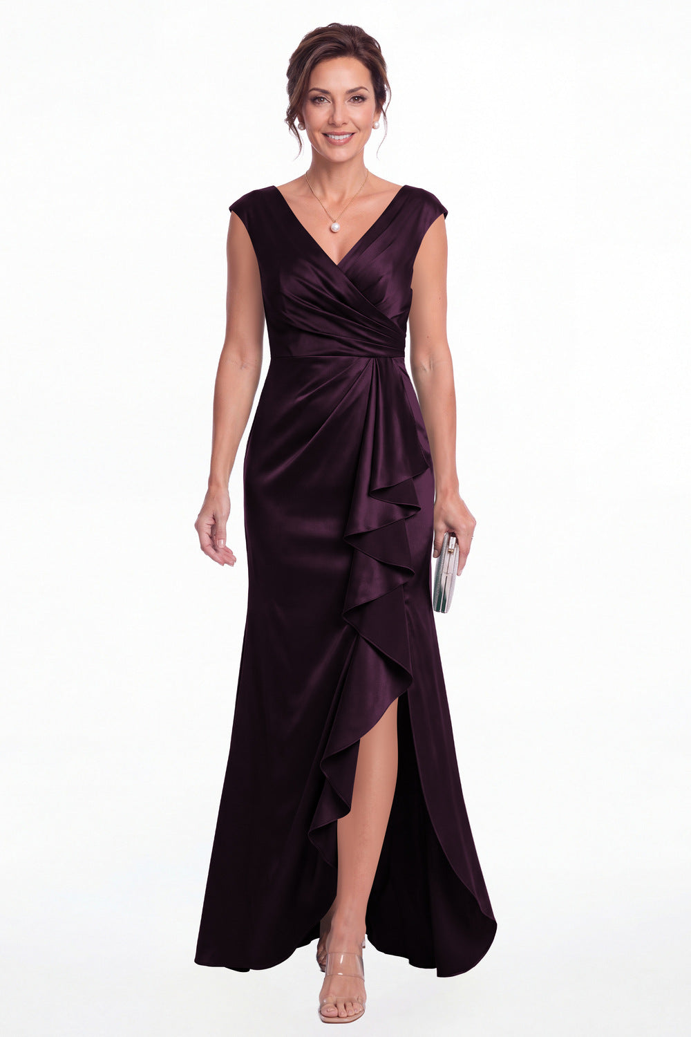 Plum V Neck Ruched Satin Ruffle Slit Maxi Gown - Front View