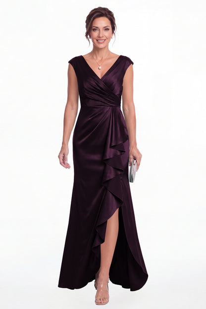Plum V Neck Ruched Satin Ruffle Slit Maxi Gown - Front View