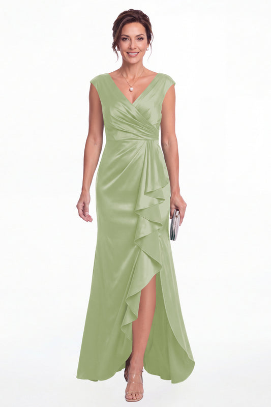 Sage Green V Neck Ruched Satin Ruffle Slit Maxi Gown - Front View