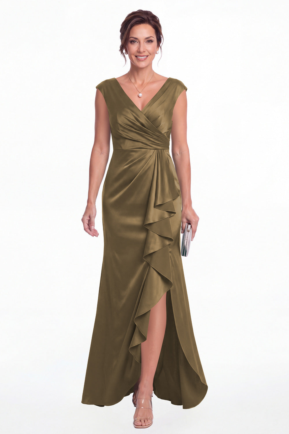 Taupe V Neck Ruched Satin Ruffle Slit Maxi Gown - Front View