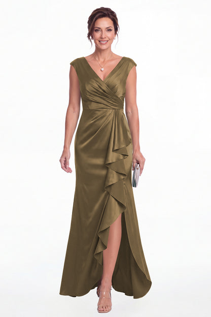 Taupe V Neck Ruched Satin Ruffle Slit Maxi Gown - Front View