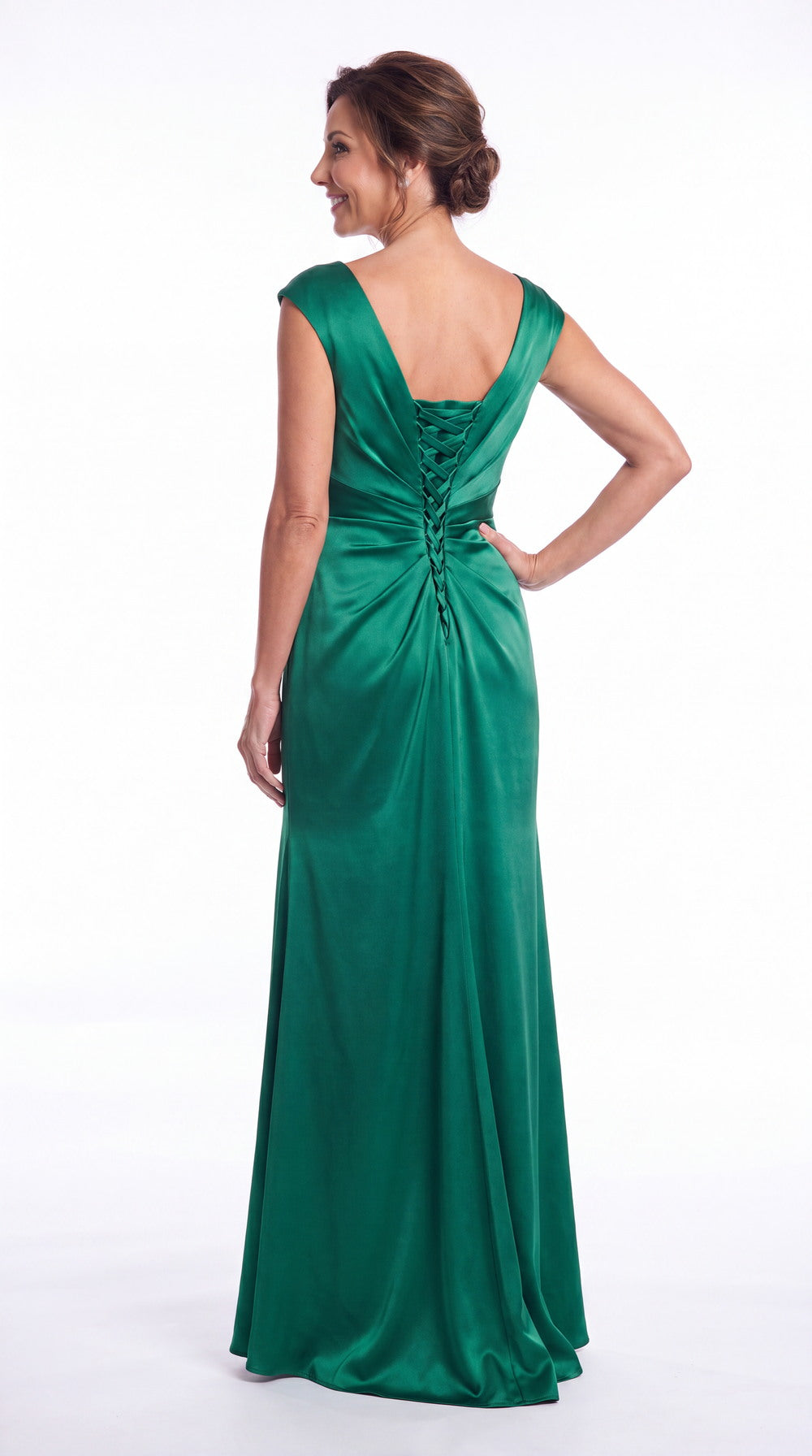 V Neck Ruched Satin Ruffle Slit Maxi Gown - Back View