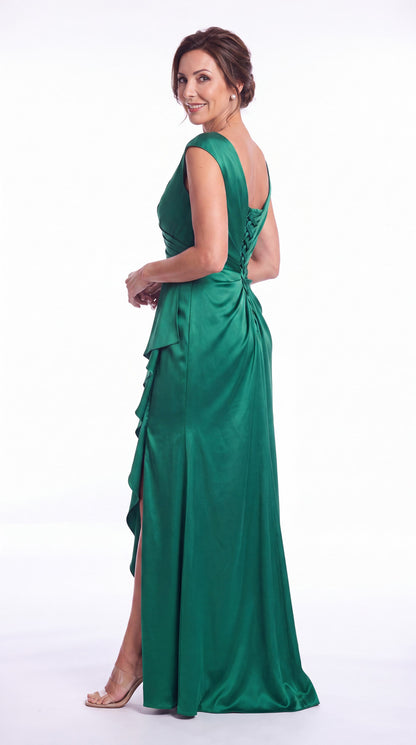 V Neck Ruched Satin Ruffle Slit Maxi Gown - Detail View 1
