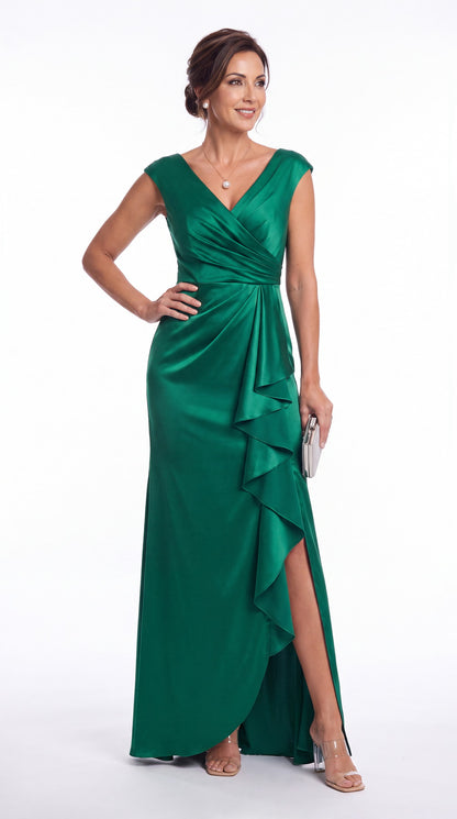 V Neck Ruched Satin Ruffle Slit Maxi Gown - Detail View 4