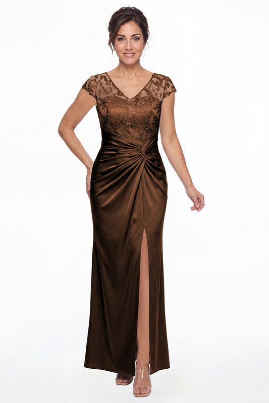 Brown V Neck Lace Cap Sleeve Ruched Satin Slit Maxi Gown - Front View