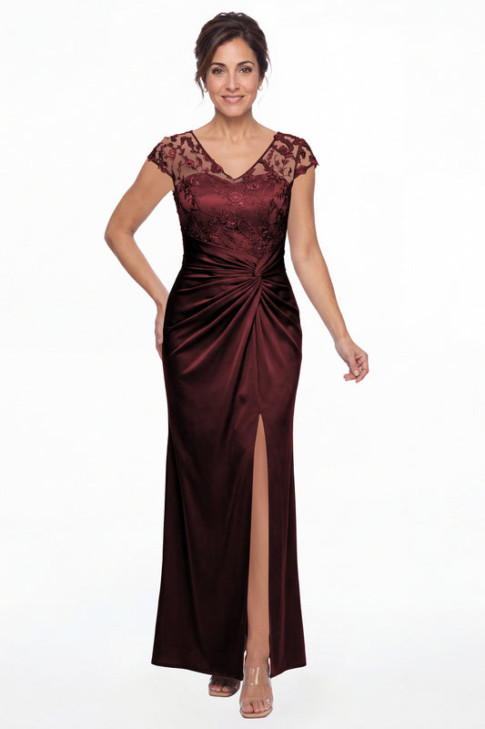 Burgundy V Neck Lace Cap Sleeve Ruched Satin Slit Maxi Gown - Front View