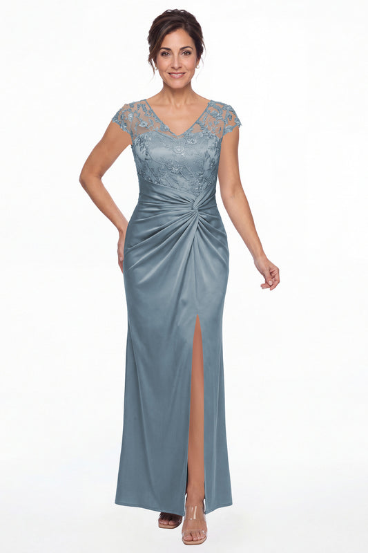Dusty Blue V Neck Lace Cap Sleeve Ruched Satin Slit Maxi Gown - Front View
