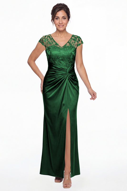 Emerald Green V Neck Lace Cap Sleeve Ruched Satin Slit Maxi Gown - Front View
