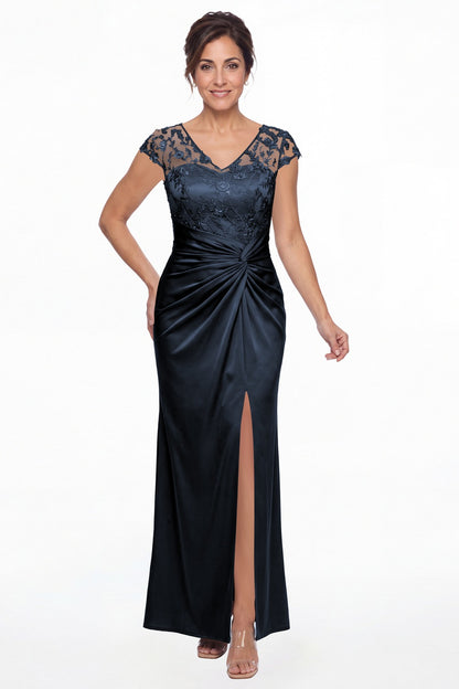 Navy Blue V Neck Lace Cap Sleeve Ruched Satin Slit Maxi Gown - Front View