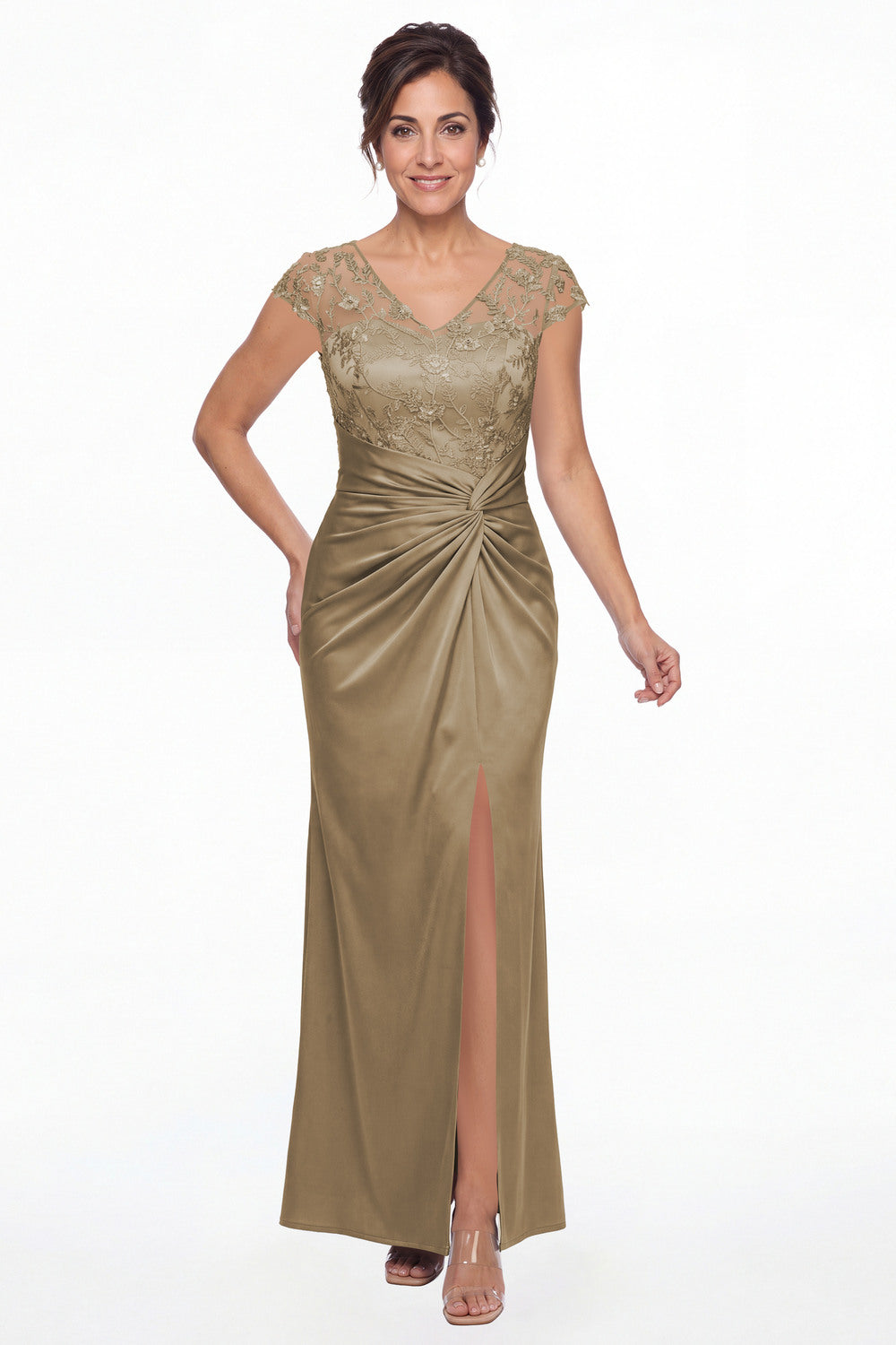 Taupe V Neck Lace Cap Sleeve Ruched Satin Slit Maxi Gown - Front View