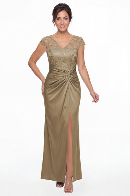 Taupe V Neck Lace Cap Sleeve Ruched Satin Slit Maxi Gown - Front View