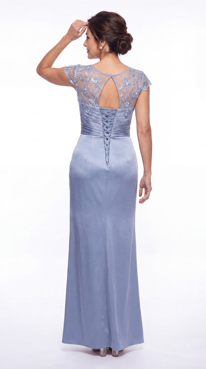 V Neck Lace Cap Sleeve Ruched Satin Slit Maxi Gown - Back View