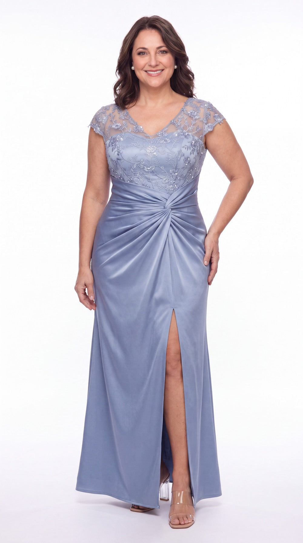 V Neck Lace Cap Sleeve Ruched Satin Slit Maxi Gown - Detail View 3
