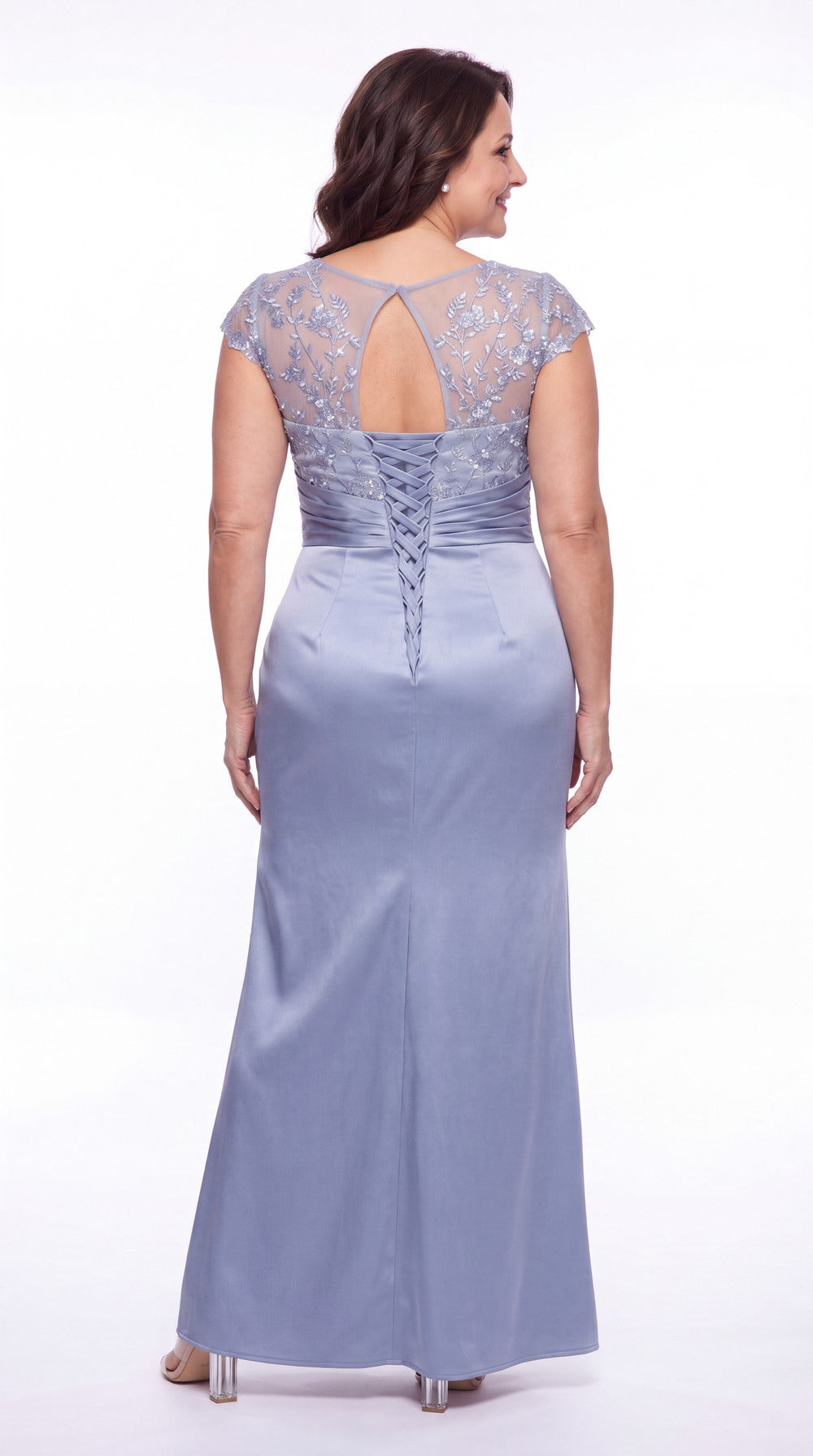 V Neck Lace Cap Sleeve Ruched Satin Slit Maxi Gown - Detail View 5