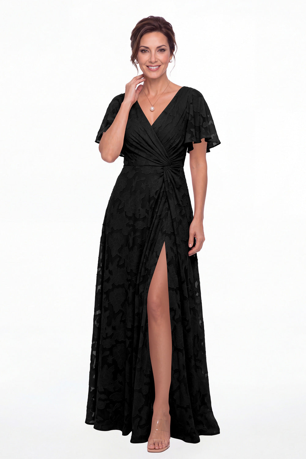 Black Flutter Sleeve Ruched Floral Burnout Slit Maxi Gown - Front View