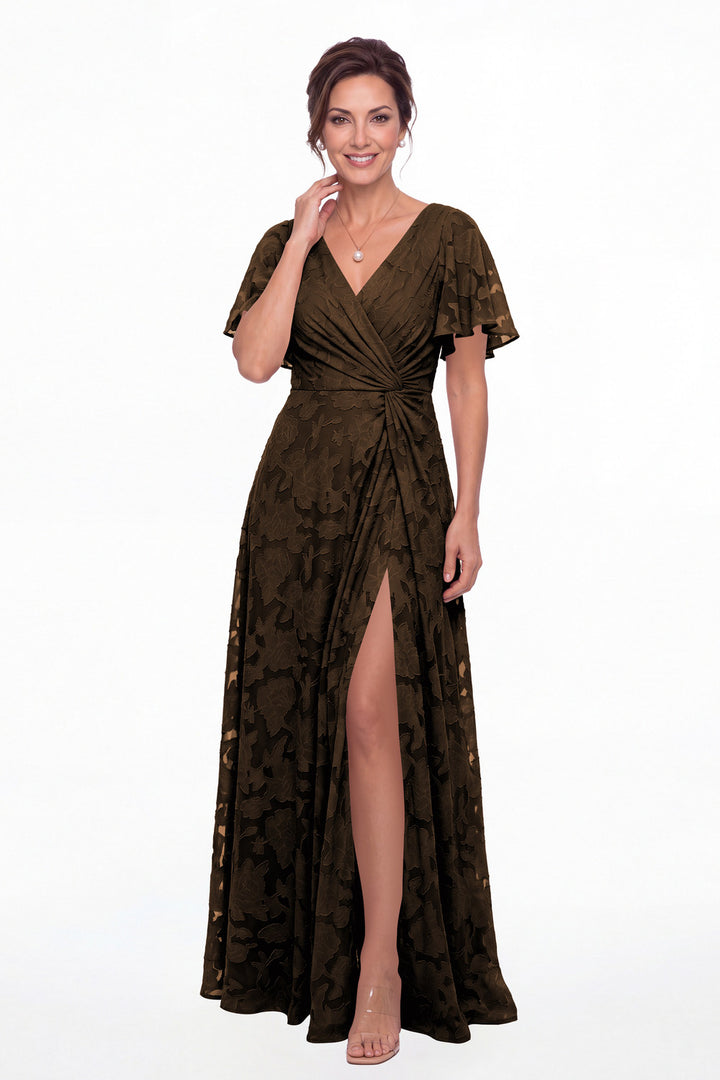 Brown Flutter Sleeve Ruched Floral Burnout Slit Maxi Gown - Front View