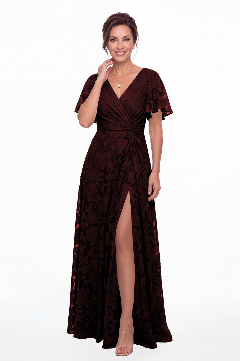 Burgundy Flutter Sleeve Ruched Floral Burnout Slit Maxi Gown - Front View