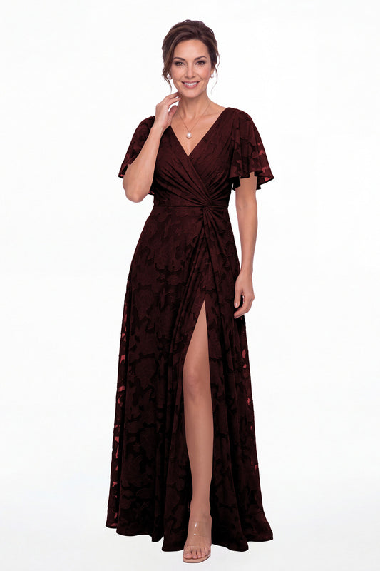Burgundy Flutter Sleeve Ruched Floral Burnout Slit Maxi Gown - Front View