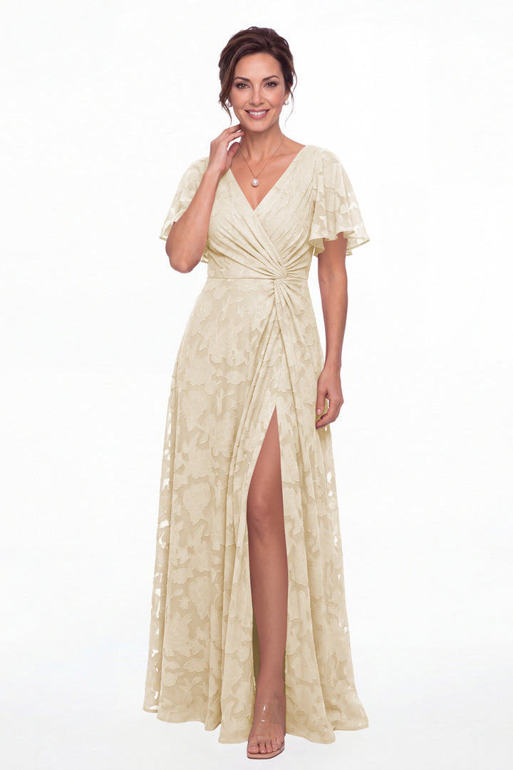 Champagne Flutter Sleeve Ruched Floral Burnout Slit Maxi Gown - Front View