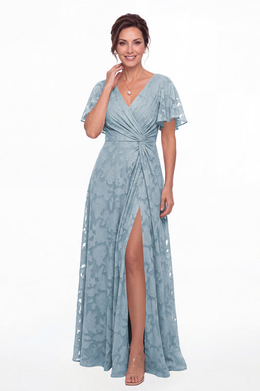Dusty Blue Flutter Sleeve Ruched Floral Burnout Slit Maxi Gown - Front View