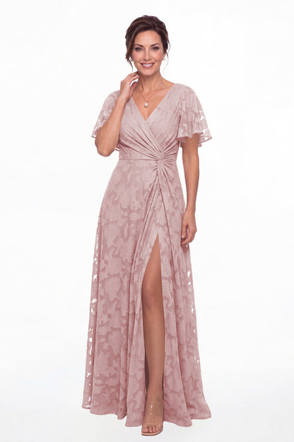Dusty Rose Flutter Sleeve Ruched Floral Burnout Slit Maxi Gown - Front View