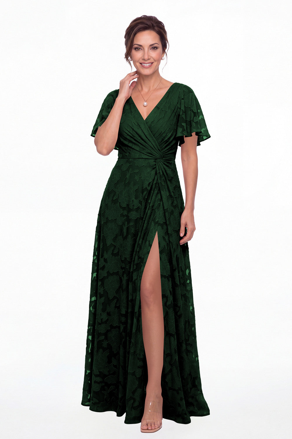 Emerald Green Flutter Sleeve Ruched Floral Burnout Slit Maxi Gown - Front View