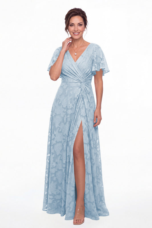 Light Blue Flutter Sleeve Ruched Floral Burnout Slit Maxi Gown - Front View