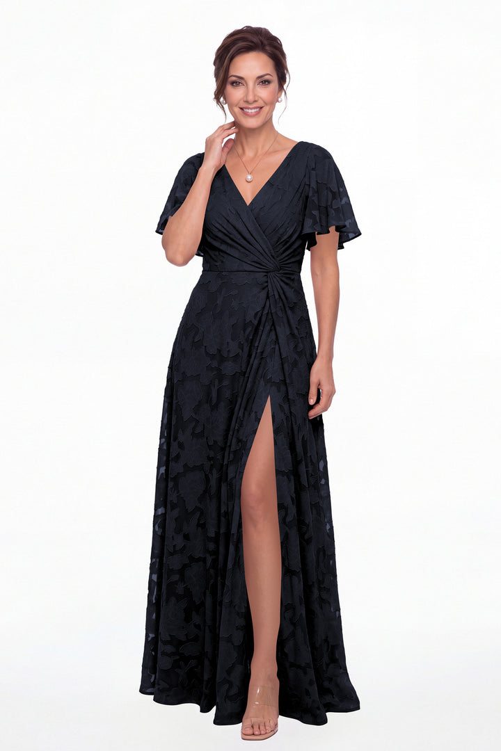 Navy Blue Flutter Sleeve Ruched Floral Burnout Slit Maxi Gown - Front View