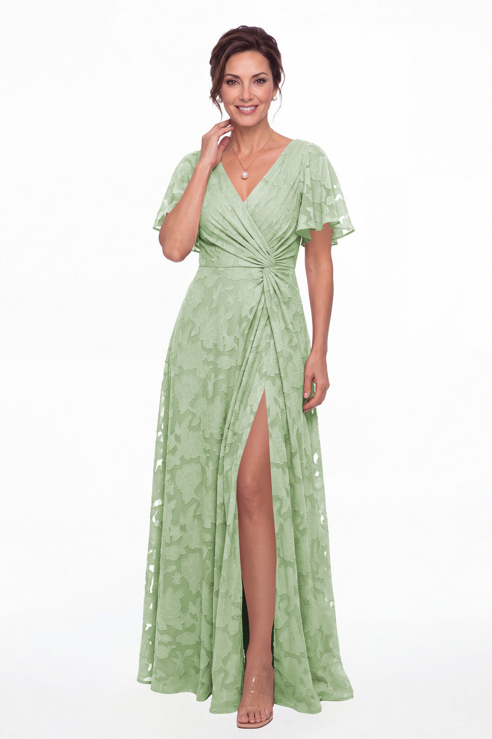 Sage Green Flutter Sleeve Ruched Floral Burnout Slit Maxi Gown - Front View