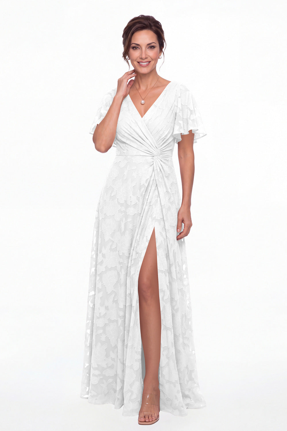 White Flutter Sleeve Ruched Floral Burnout Slit Maxi Gown - Front View