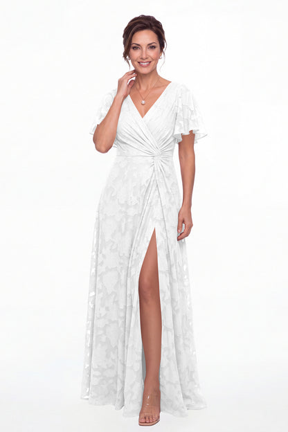 White Flutter Sleeve Ruched Floral Burnout Slit Maxi Gown - Front View