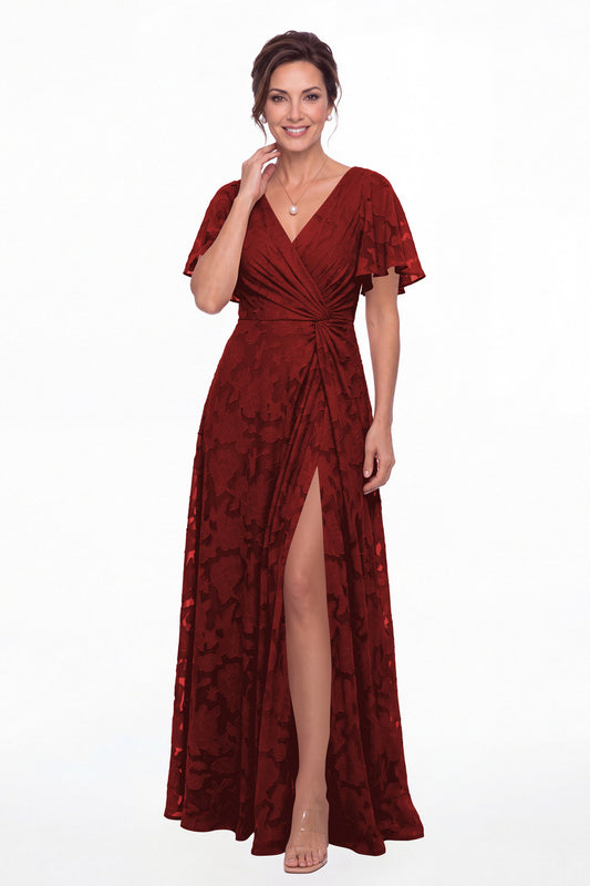 Wine Red Flutter Sleeve Ruched Floral Burnout Slit Maxi Gown - Front View