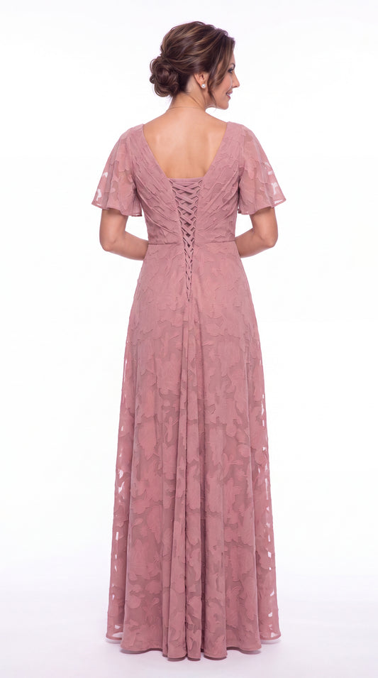 Flutter Sleeve Ruched Floral Burnout Slit Maxi Gown - Back View