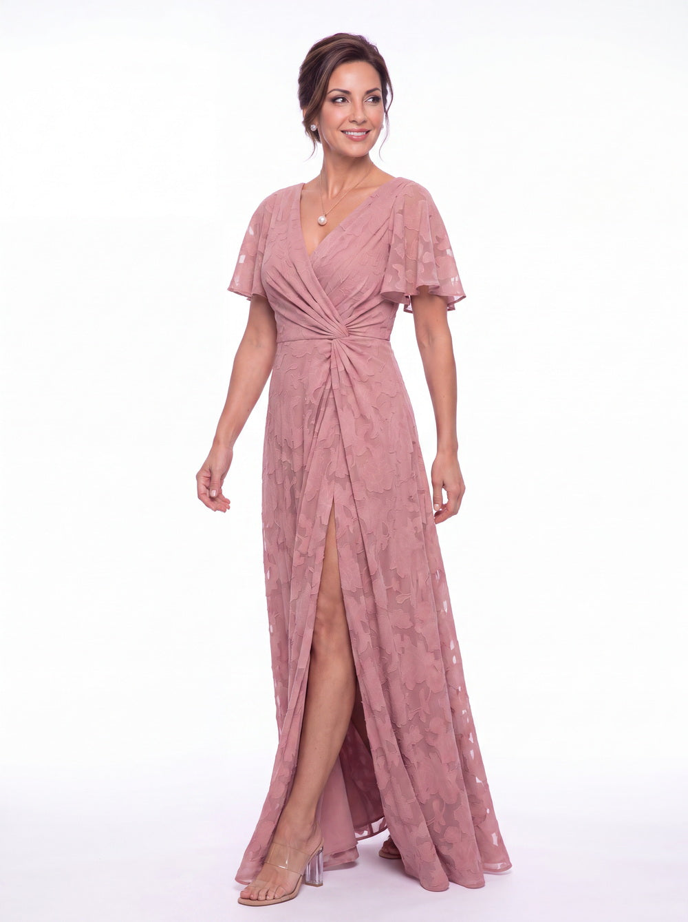 Flutter Sleeve Ruched Floral Burnout Slit Maxi Gown - Detail View 1