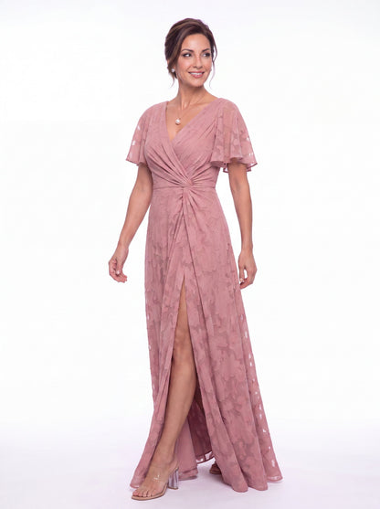 Flutter Sleeve Ruched Floral Burnout Slit Maxi Gown - Detail View 1
