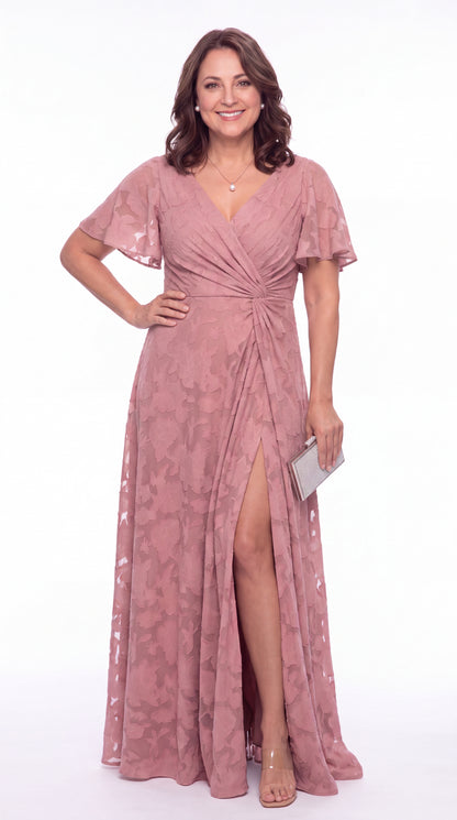 Flutter Sleeve Ruched Floral Burnout Slit Maxi Gown - Detail View 3