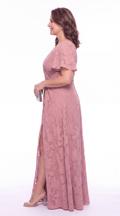 Flutter Sleeve Ruched Floral Burnout Slit Maxi Gown - Detail View 4