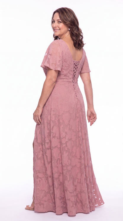 Flutter Sleeve Ruched Floral Burnout Slit Maxi Gown - Detail View 5