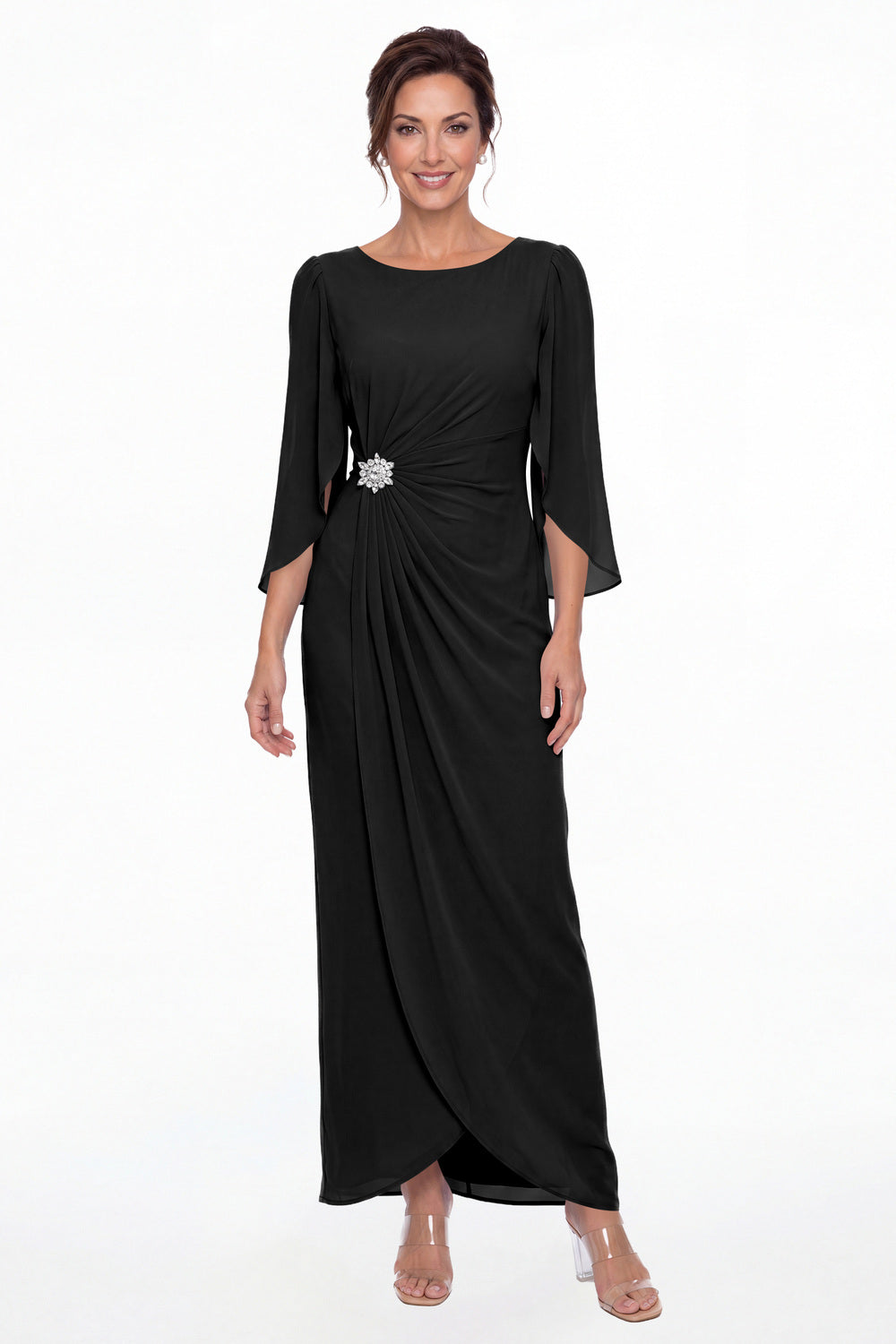 Black Boat Neck Ruched Chiffon Slit Maxi Gown - Front View