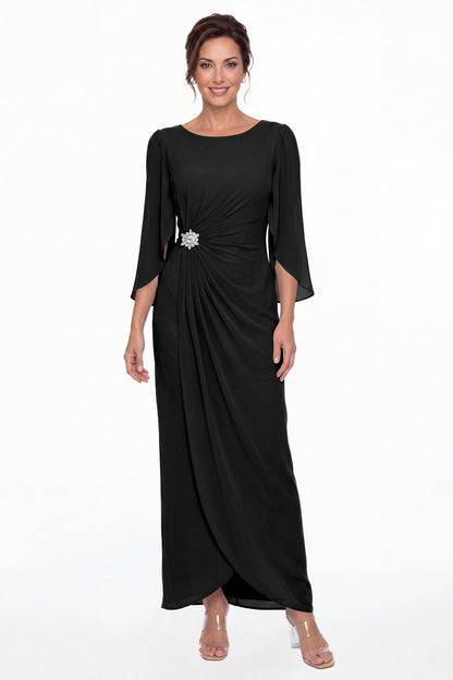 Black Boat Neck Ruched Chiffon Slit Maxi Gown - Front View