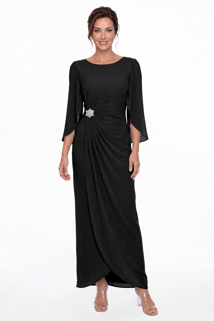 Black Boat Neck Ruched Chiffon Slit Maxi Gown - Front View