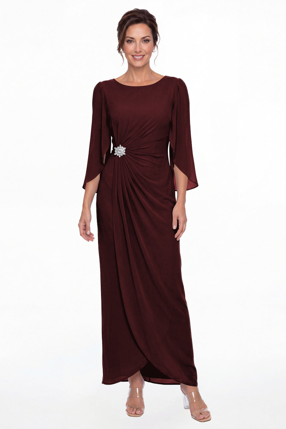 Burgundy Boat Neck Ruched Chiffon Slit Maxi Gown - Front View