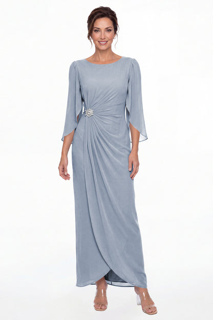 Dusty Blue Boat Neck Ruched Chiffon Slit Maxi Gown - Front View