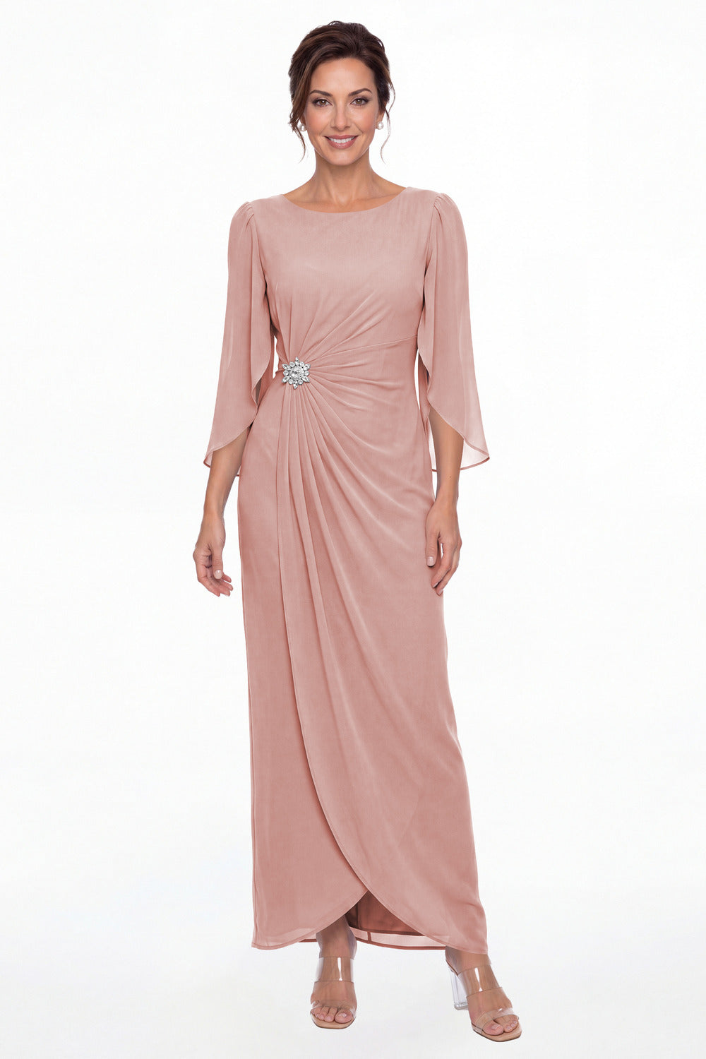 Dusty Rose Boat Neck Ruched Chiffon Slit Maxi Gown - Front View