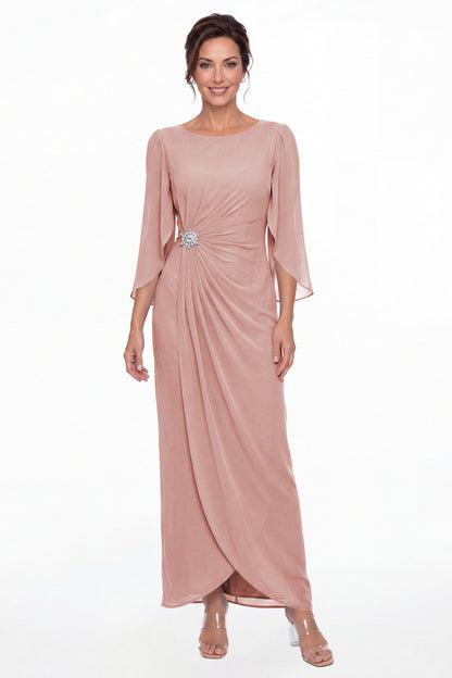 Dusty Rose Boat Neck Ruched Chiffon Slit Maxi Gown - Front View