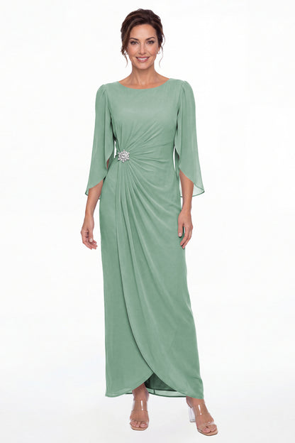 Eucalyptus Boat Neck Ruched Chiffon Slit Maxi Gown - Front View