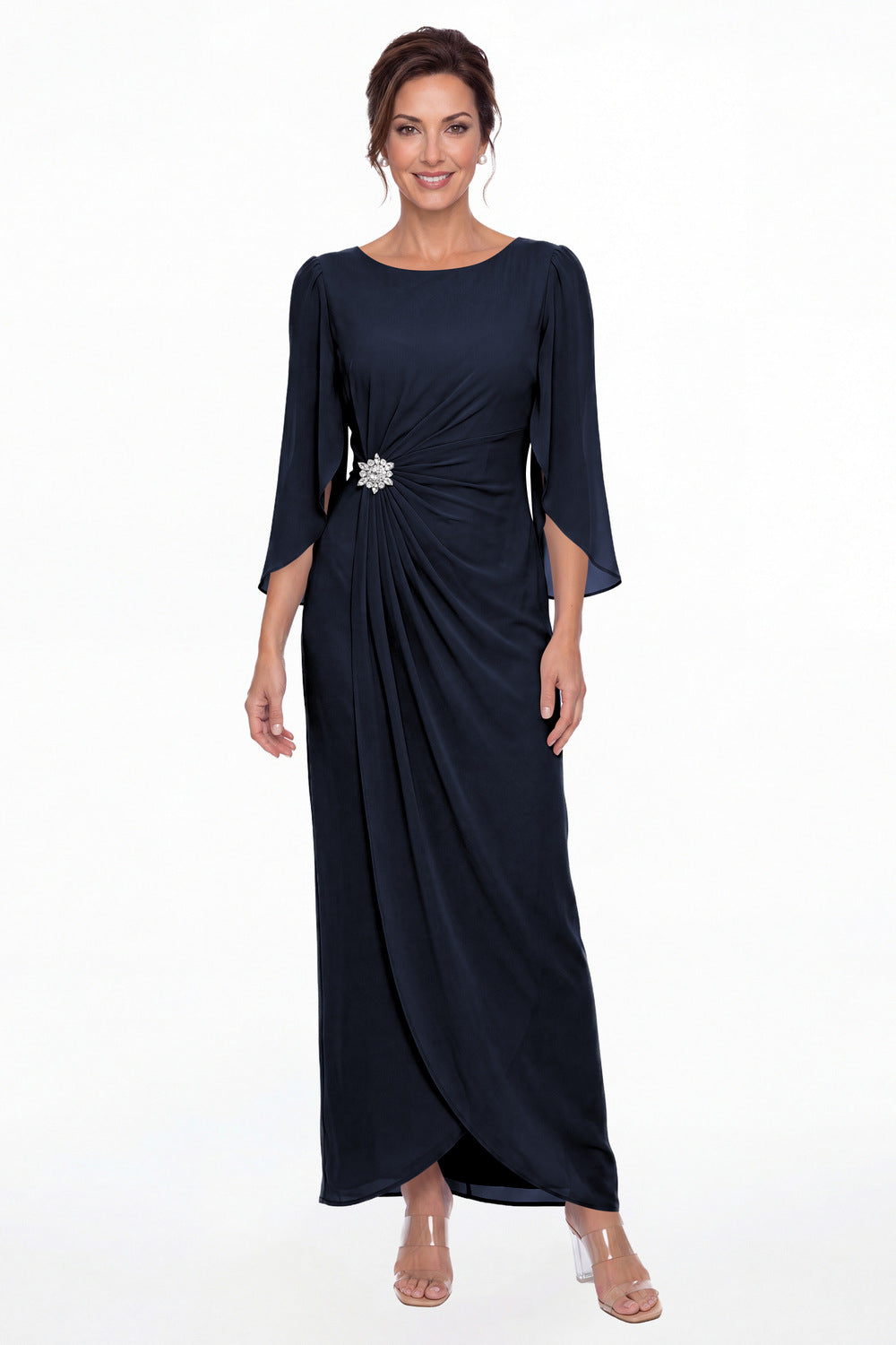 Navy Blue Boat Neck Ruched Chiffon Slit Maxi Gown - Front View
