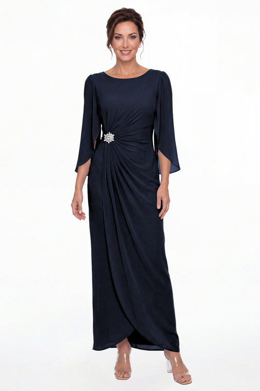 Navy Blue Boat Neck Ruched Chiffon Slit Maxi Gown - Front View